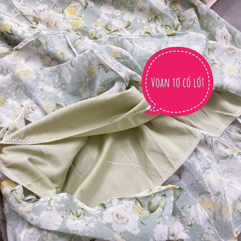 Đầm midi voan xanh hoa cổ vuông