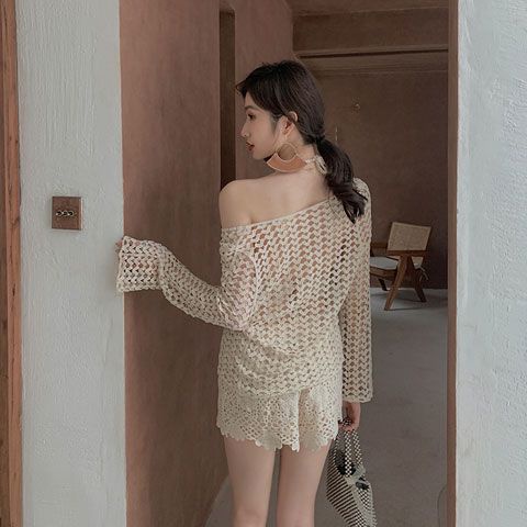 Set Ren Bikini Đi Biển 2 Mảnh Áo Choàng Len Móc Tay Dài Cổ Tròn Kiểu 12 | Smide Clothing