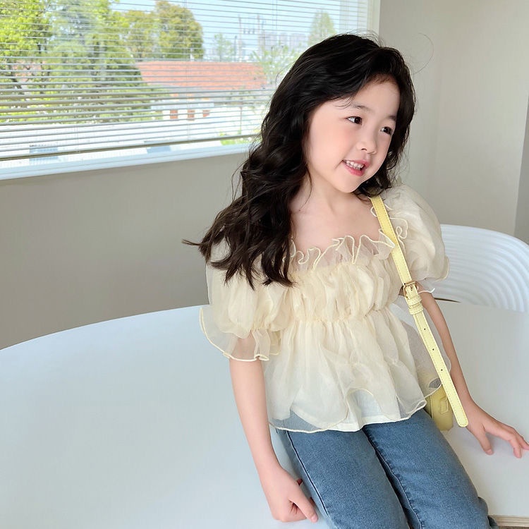 Áo Thun Tay Ngắn Phồng Vải Mỏng Thời Trang Hè Hàn Quốc Hàng Mới Dành Cho Bé Gái 2023