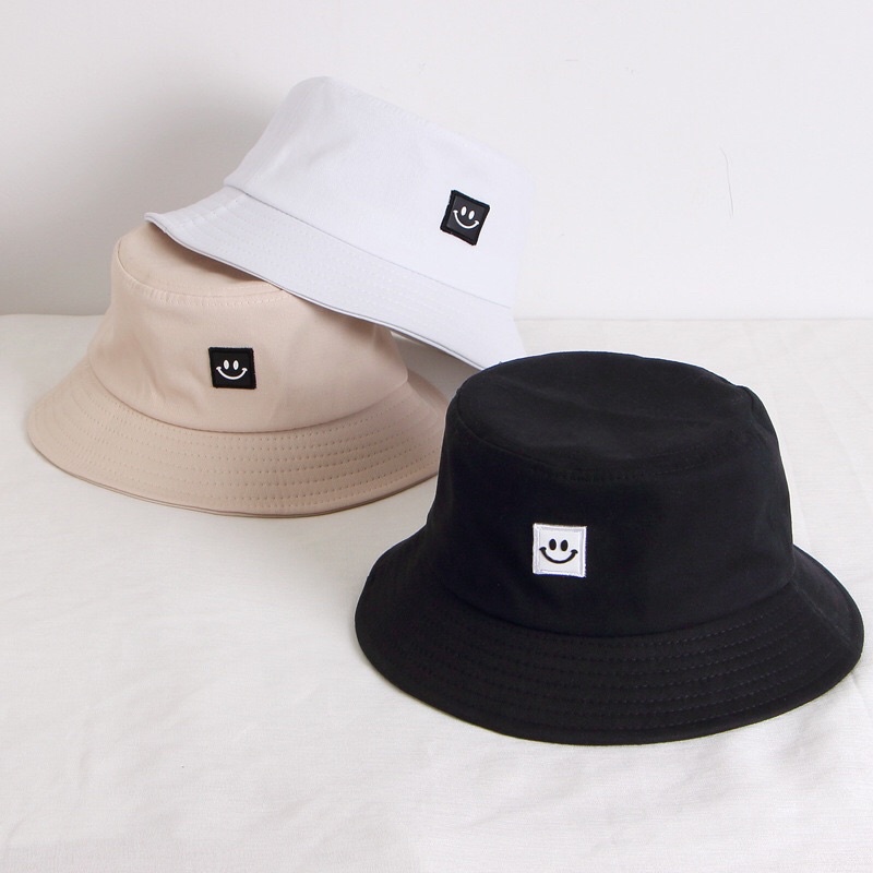 Mũ Nón Bucket Tròn Thêu Hình Mặt Cười Style Hàn Quốc Chất Cotton Cho Người Lớn Và Trẻ Em