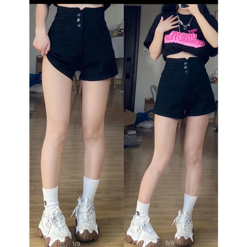 Quần Short Denim Màu Đen Lưng Cao Dáng Chữ A Thời Trang Mùa Hè 2022 Dành Cho Nữ
