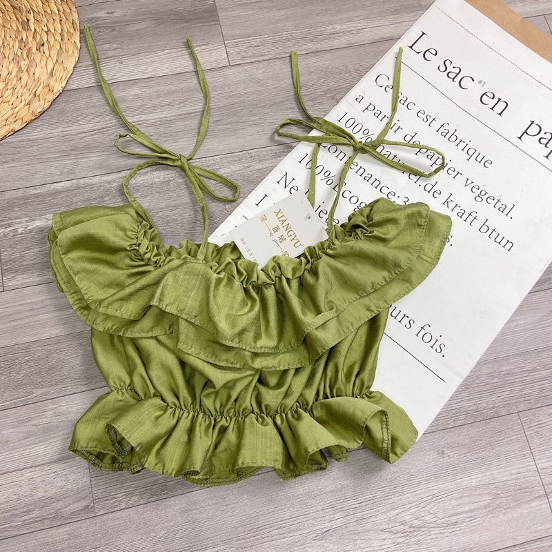 Áo 2 Dây Trễ Vai Chun Ngực Bèo Tầng Dáng Croptop Chất Đũi Màu Xanh Áo Hở Vai Cúp Ngực