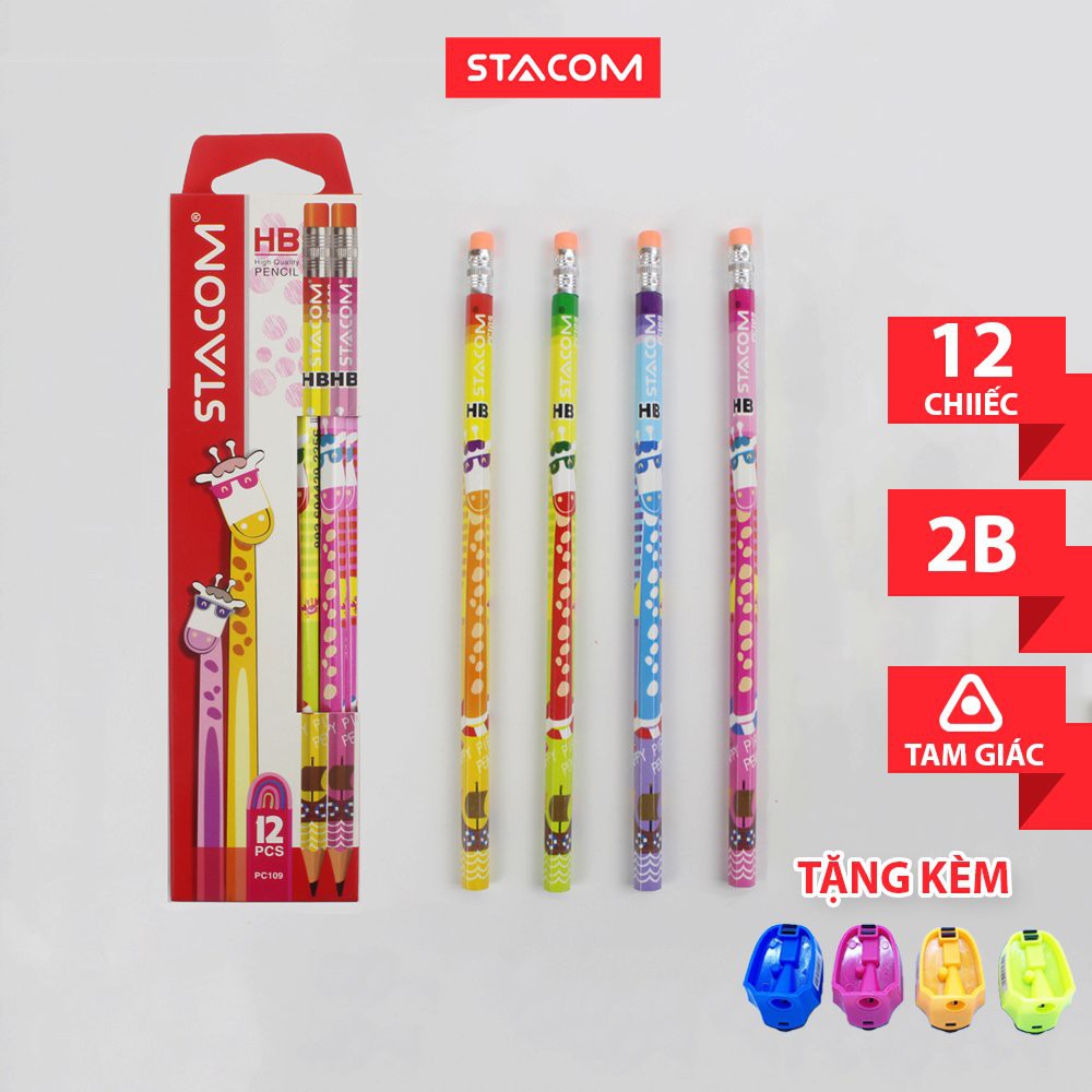 Bút chì họa tiết hình thú Stacom 2B/HB PC109 [Hộp 12 cây]