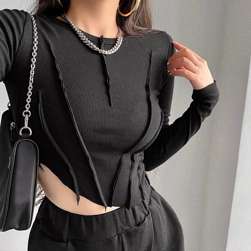 ÁO CROPTOP TÀ CHÉO TAY DÀI TRẮNG ĐEN