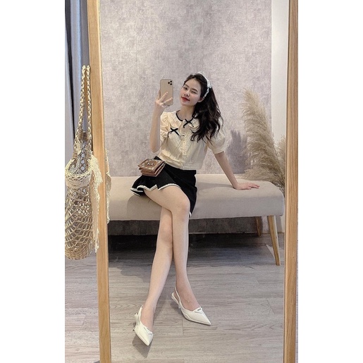 Set áo sơ mi phối chân váy ren bèo
