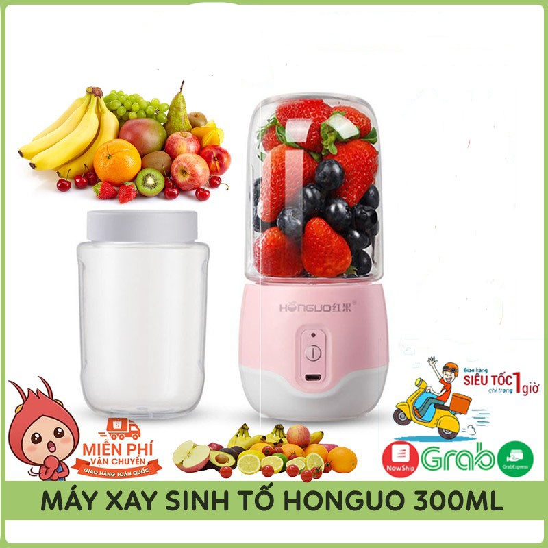 ❤️XAY ĐƯỢC ĐÁ❤️ Máy Xay Sinh Tố HONGUO, Máy Say Sinh Tố Cầm Tay Sạc Tích Điện 300Ml,Dung Lượng Pin 1200Mah, Siêu Tiện Dụ