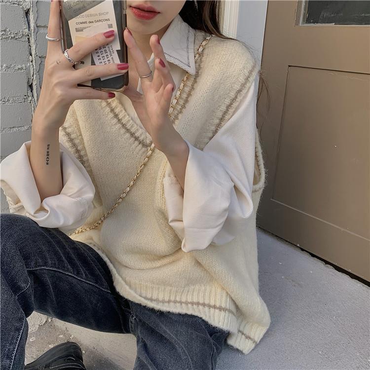 Set Áo Sơ Mi Dài Tay + Áo Khoác Không Tay Thời Trang Cho Nữ