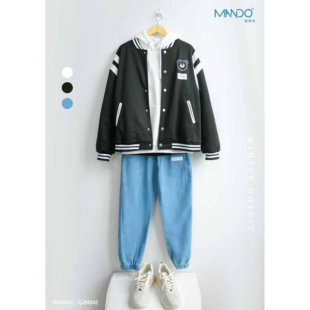 Áo Khoác Bomber Varsity Nỉ Gấu Nam MANDO, Áo Thể Thao Nỉ Bông Cao Cấp Dáng Rộng Basic Varsity Thời Trang Hàn Quốc NDN082