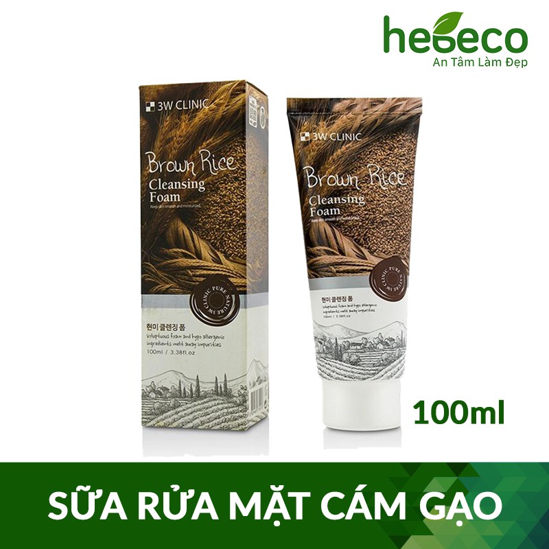 Sữa rửa mặt làm sạch sâu và sáng da chiết xuất từ lúa mạch 3W CLINIC BROWN RICE CLEANSING FOAM 100ml-Hàn Quốc Chính Hãng