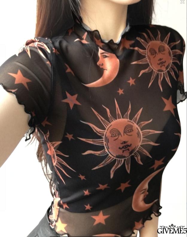 Áo Croptop Xuyên Thấu In Họa Tiết Mặt Trăng Và Ngôi Sao Thời Trang Cho Nữ
