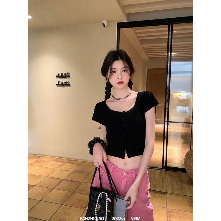 Áo Croptop Dệt Kim Tay Ngắn Cổ Vuông Ôm Dáng Thời Trang Mùa Hè Cho Nữ