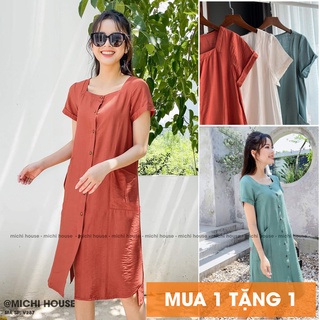 Váy suông đũi bamboo cổ vuông, đầm dáng suông đủ size, váy xuất Nhật, mã VS287 - Michi House