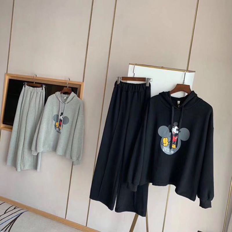 Set Bộ Nỉ Nữ Áo Hoodie Dài Tay In Hình Mickey Kèm Quần Ống Suông Thể Thao Thời Trang Sugal QA NU 027V4