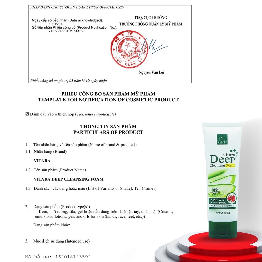 Sữa rửa mặt Vitara Deep Cleansing Foam loại bỏ dầu bụi bẩn lớp trang điểm giữ ẩm sáng da 100g chính hãng thái lan