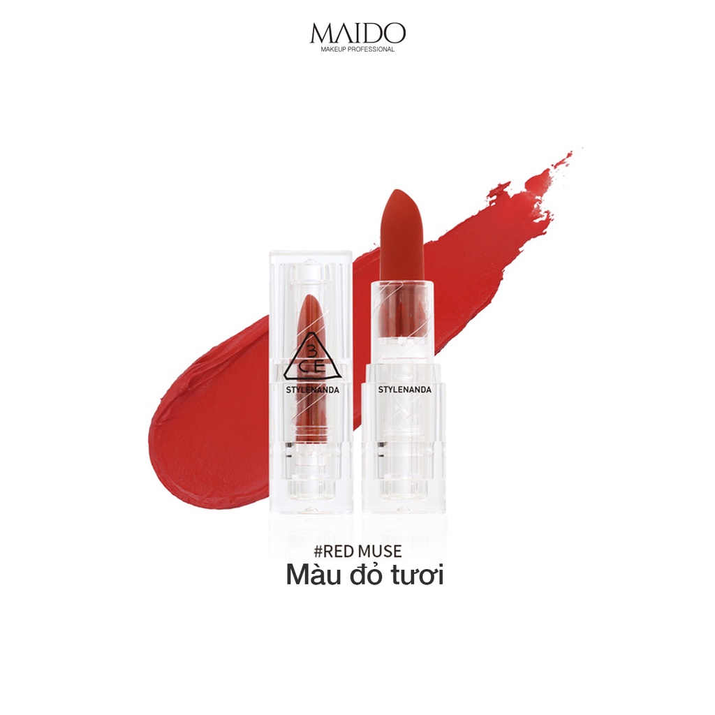 Son Thỏi Lì 3CE  Soft Matte Lipstick Vỏ Trong Suốt chống dính cốc mềm mịn lâu trôi S002 MAIDO cosmetics | BigBuy360 - bigbuy360.vn