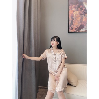 Đầm Ngủ Mặc Nhà Lụa Satin Mềm Mát, Váy Ngủ Sơ Mi Lụa Cao Cấp