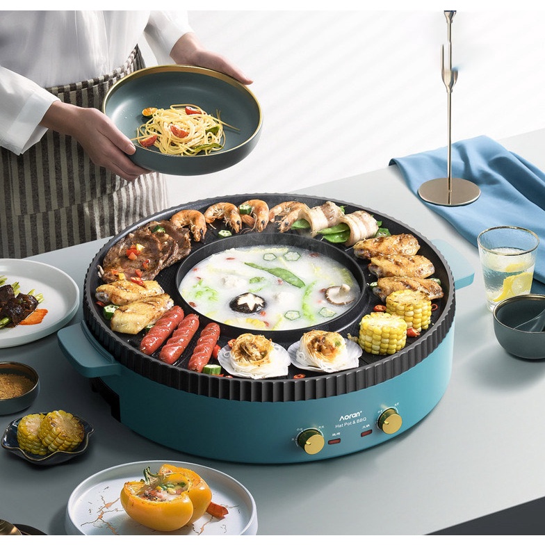 [Bếp lẩu nướng AORAN] BBQ đa năng kết hợp 2 trong 1 màu xanh công suất lớn 2200W - Bảo hành 1 năm