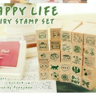 Bộ 25 con dấu gỗ Happy Life (kèm khay mực dấu đỏ 4*4cm)