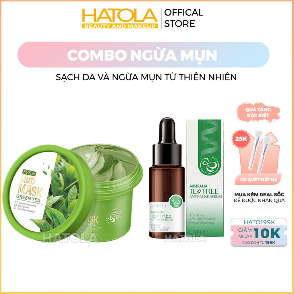 Sét dưỡng da ngừa mụn sáng da đơn giản Laikou gồm mặt nạ đất sét và serum giảm mụn trà xanh Hatola