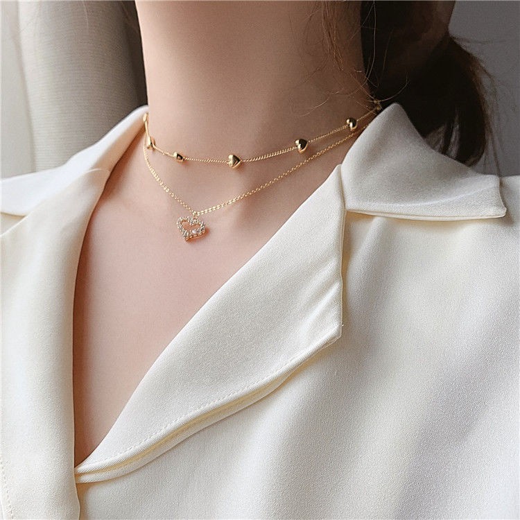 Korean gold multi-layered love full diamond necklace Japan and South Korea personality short temperament clavicle chain necklace can be detached