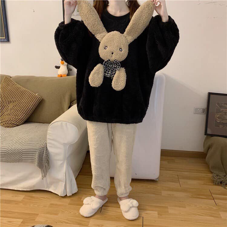 Bộ ngủ lông thỏ kute tay bồng phom rộng trẻ trung xinh xắn/ Set áo sweater lông cừu phối quần dài ống rộng 3107.STORE | BigBuy360 - bigbuy360.vn
