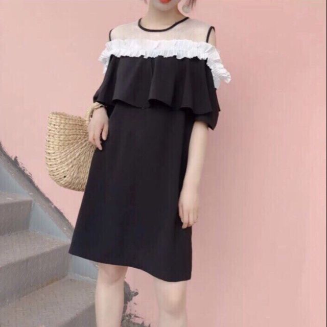 Đầm trễ vai lưới bi viền bèo (có 2 màu)