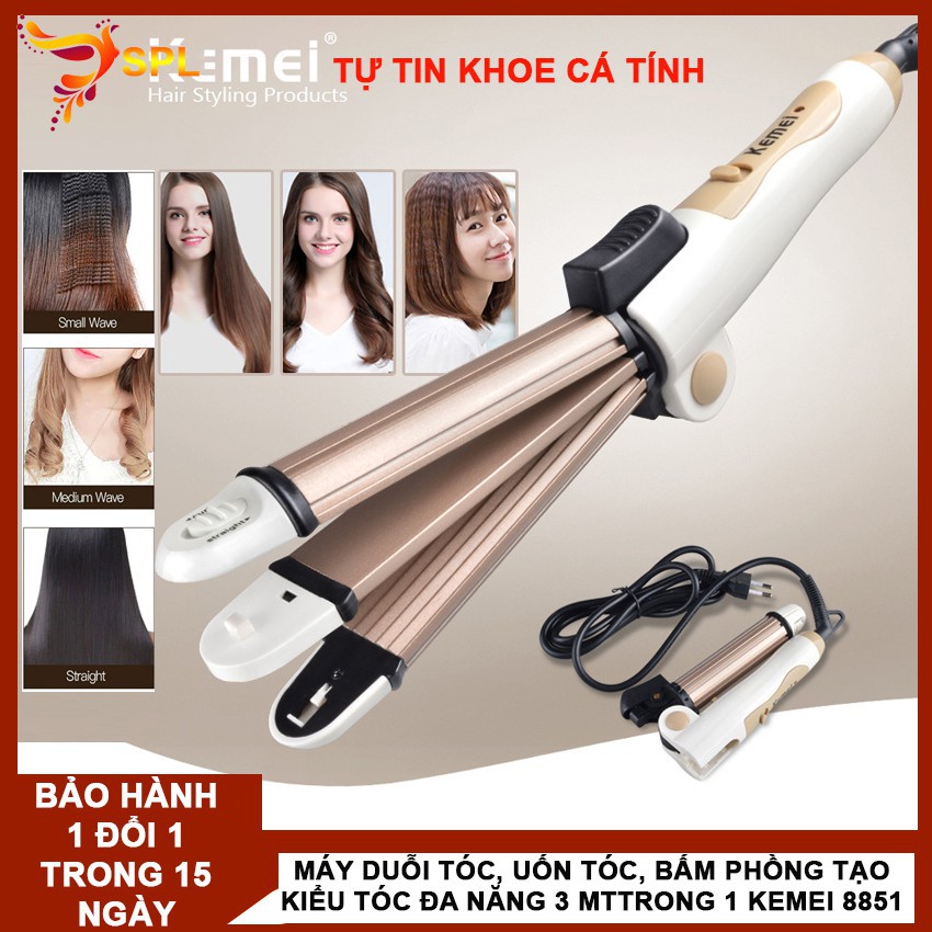 (XẢ HÀNG 3 NGÀY )Máy duỗi tóc, uốn tóc, bấm phồng tạo kiểu tóc đa năng 3 trong 1 Kemei 8851 - Bảo hành 12 tháng