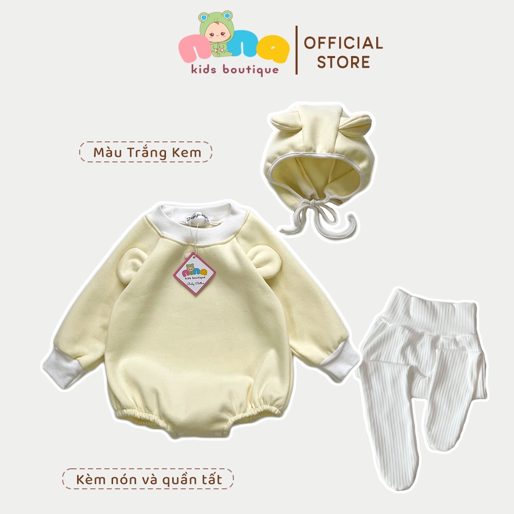 Body nỉ bông thu đông cho bé Nina Kids Boutique Bộ body liền thân Kèm mũ và quần tất Size 0m 24m