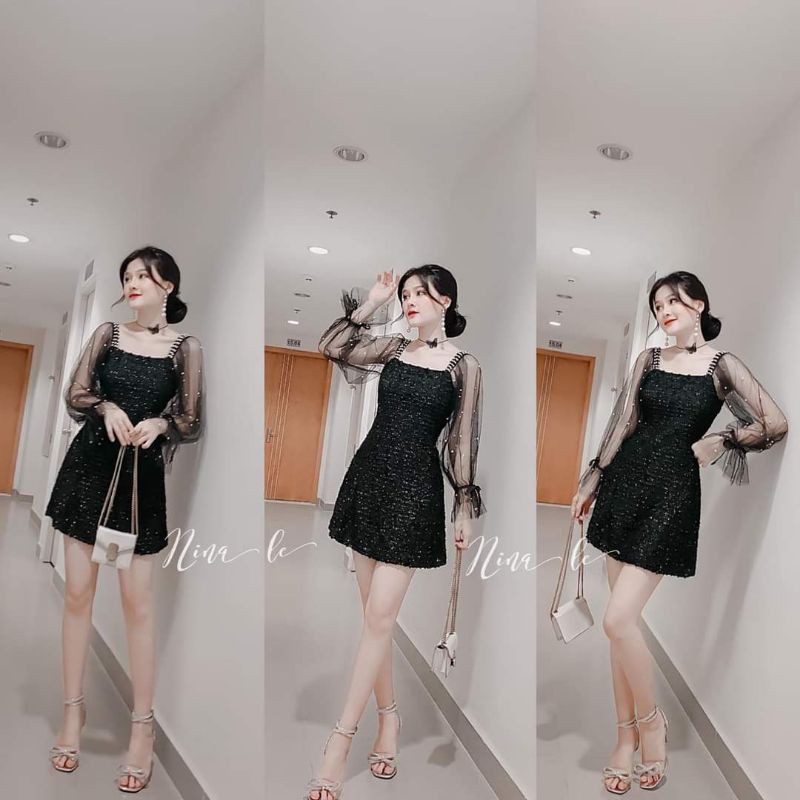 váy dự tiệc dạ tweed tay voan lấp lánh siêu xinh 3 màu