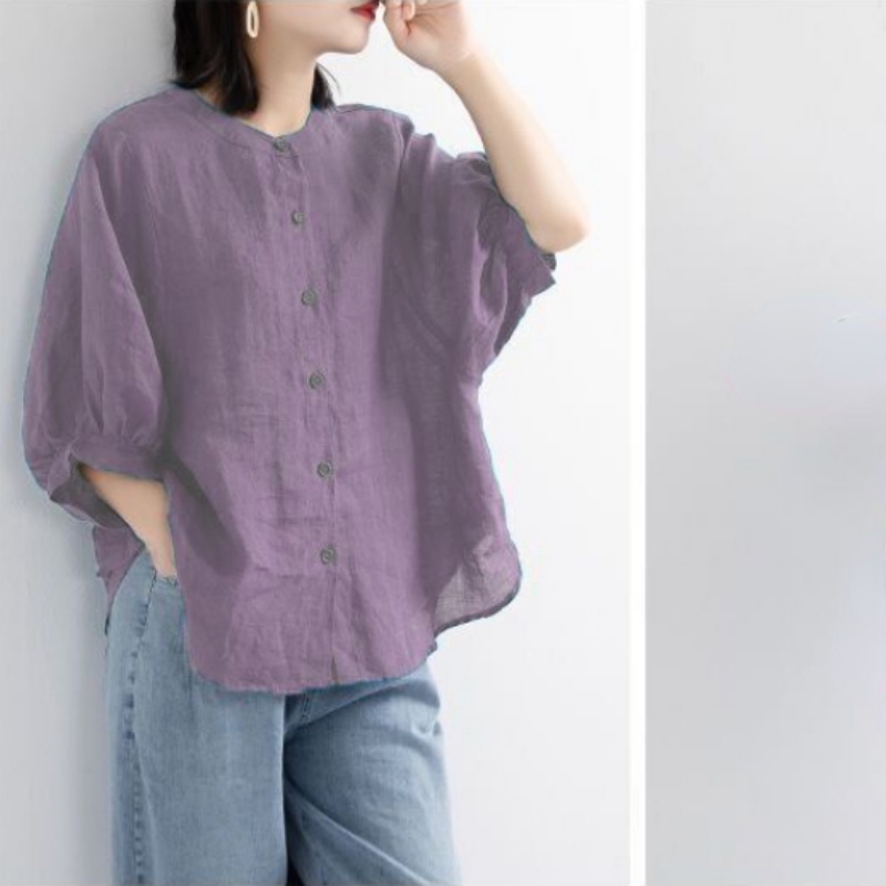 Áo Sơ Mi Cotton Lanh Mỏng Tay Phồng Dáng Rộng Màu Trơn Cổ Điển Thời Trang Cho Phụ Nữ Trung Niên
