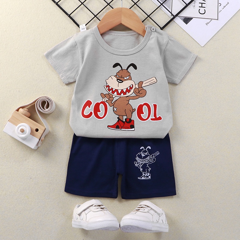 Bộ Đồ 2 Món 100% Cotton Gồm Áo Thun Tay Ngắn Và Quần Ngắn In Họa Tiết Động Vật Hoạt Hình Cho Bé Trai 1-7 Tuổi