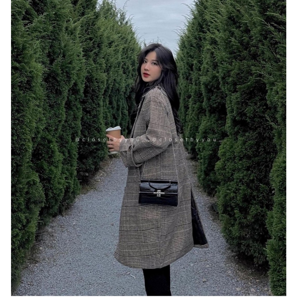 Áo măng tô nữ dạ kẻ Hàn Quốc trần bông dáng dài - EllyStore | BigBuy360 - bigbuy360.vn