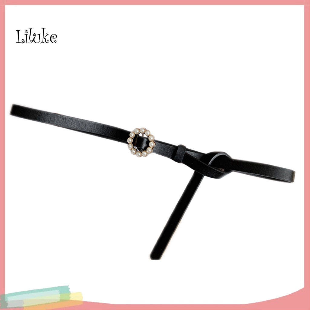 Thắt Lưng Dây Mảnh Giả Da Trang Trí Khóa Tròn Đính Ngọc Trai Xinh Xắn