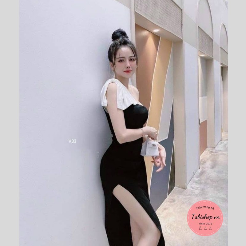Đầm thun lệch vai xẻ tà váy ôm body phối nơ sang chảnh | BigBuy360 - bigbuy360.vn