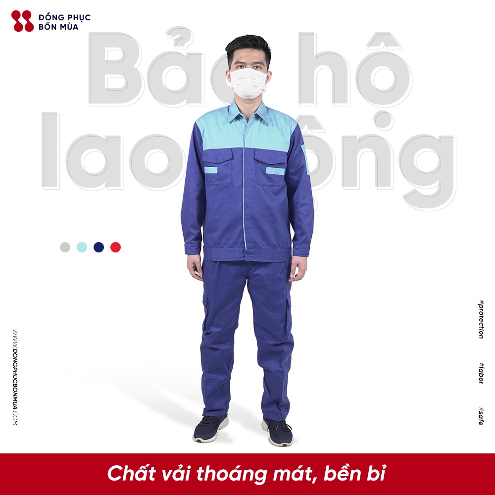 Quần Áo Bảo Hộ Lao Động Bộ  xanh dương Phối xanh đậm Kéo Khoá chất vải kaki thương hiệu DONGPHUCBONMUAOFFICIAL