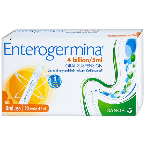 Men vi sinh Enterogermina hộp 20 ống chứa 4 tỉ bào tử Bacillus clausii mỗi ống 5ml