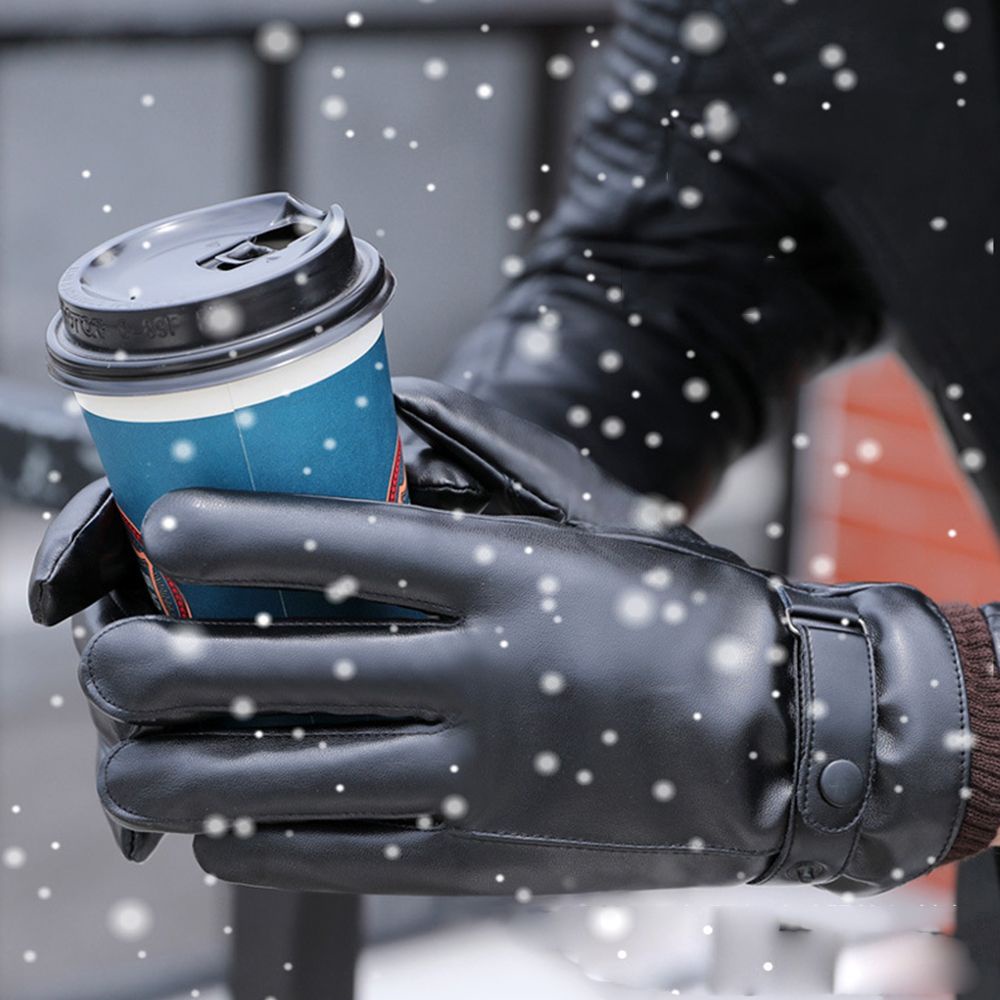 Găng tay da PU lót lông giữ ấm chống nước dùng được cảm ứng nhiều màu kiểu Hàn cho nam