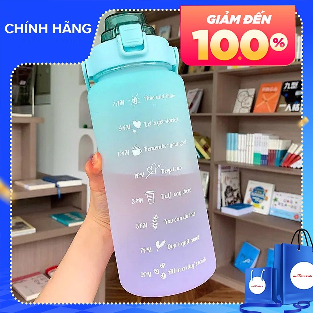 Bình dành cho người lười uống nước, có vạch chia nhắc báo giờ uống nước TẶNG ống hút xịn và sticker dễ thương - miDoctor