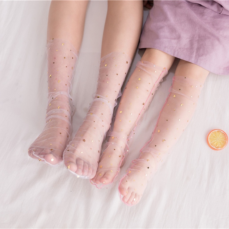 Lưới Ren Ruffle Dress Tulle Sheer Socks Glitter Star Kids Girls Cute Women Ultra Sheer White Pink Socks Vớ thời trang đầy màu sắc