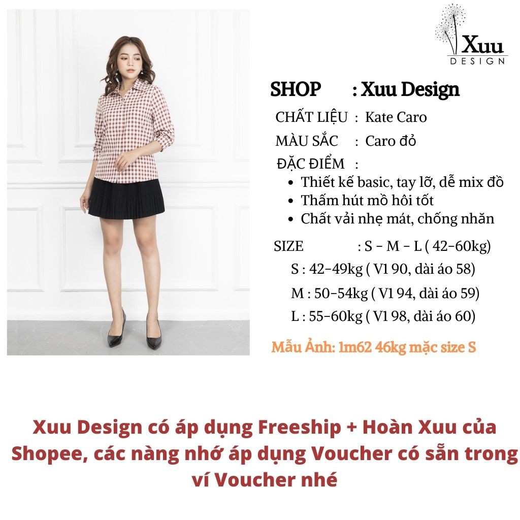 Áo sơ mi nữ Xuu Design, Áo kiểu nữ tay lỡ kẻ caro chất Kate cao cấp Xu02