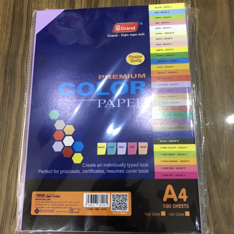 Giấy bìa màu đặc biệt A4 - 100 tờ- màu tím Huế