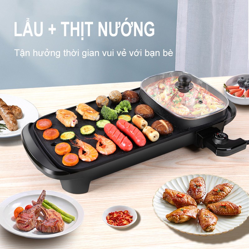 [HCM] 1200W Bếp lẩu nướng,bếp lẩu nướng điều khiển kép. Bếp lẩu 2 trong 1, Công suất tối đa, Thiết kế tiện lợi-[GM-7]