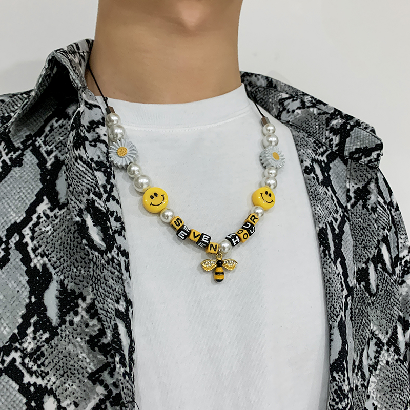 Vòng cổ hình hoa cúc/mặt cười đính ngọc trai phong cách hip hop đường phố cá tính