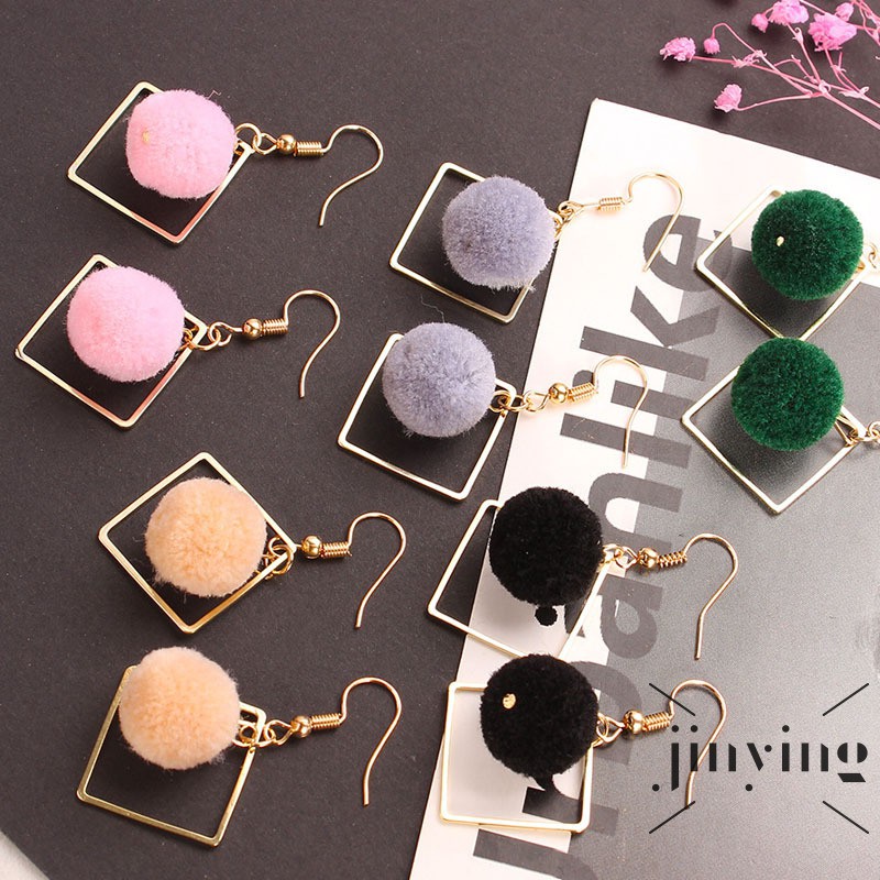 GETNOIVAS ❤S Wind Women Drop Earrings Alloy Geometry Cotton Fur Ball Dangle Earrings Jewelry Gift
