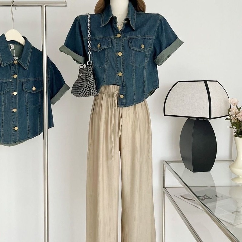 Áo Sơ Mi Denim Tay Ngắn Dáng Rộng Phong Cách Chic Hồng Kông Thời Trang Hè 2022 Cá Tính Cho Nữ