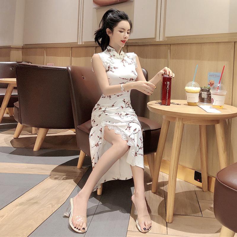 Đầm sườn xám cách tân dáng dài xẻ tà thời trang thu hè thu mới cho nữ