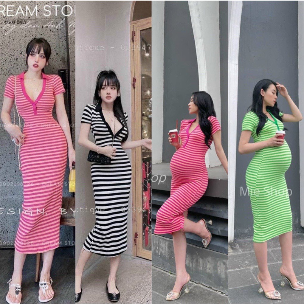 Đầm polo cổ tim ôm body 2 màu cam hồng sọc ngang cực hot , chất thun gân dày dặn mk