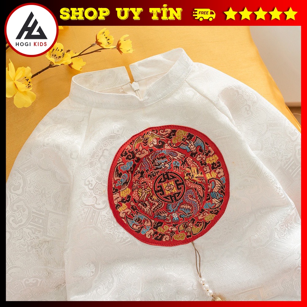 Áo dài cách tân Hogi cho bé gái vải gấm trắng phối váy vàng, áo tết cho trẻ em full size - Hogi clothing