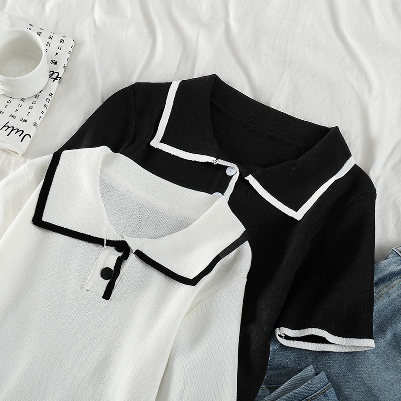 NUZIRO  Áo Thun Tay Ngắn Cổ Polo Dáng Ôm Màu Đen Trắng Phong Cách Hàn Quốc