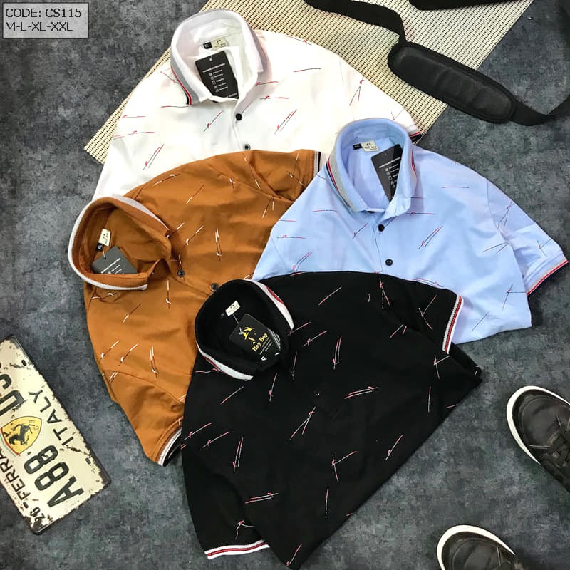 🔰 CS115 - Áo thun nam in cổ bẻ phối sọc